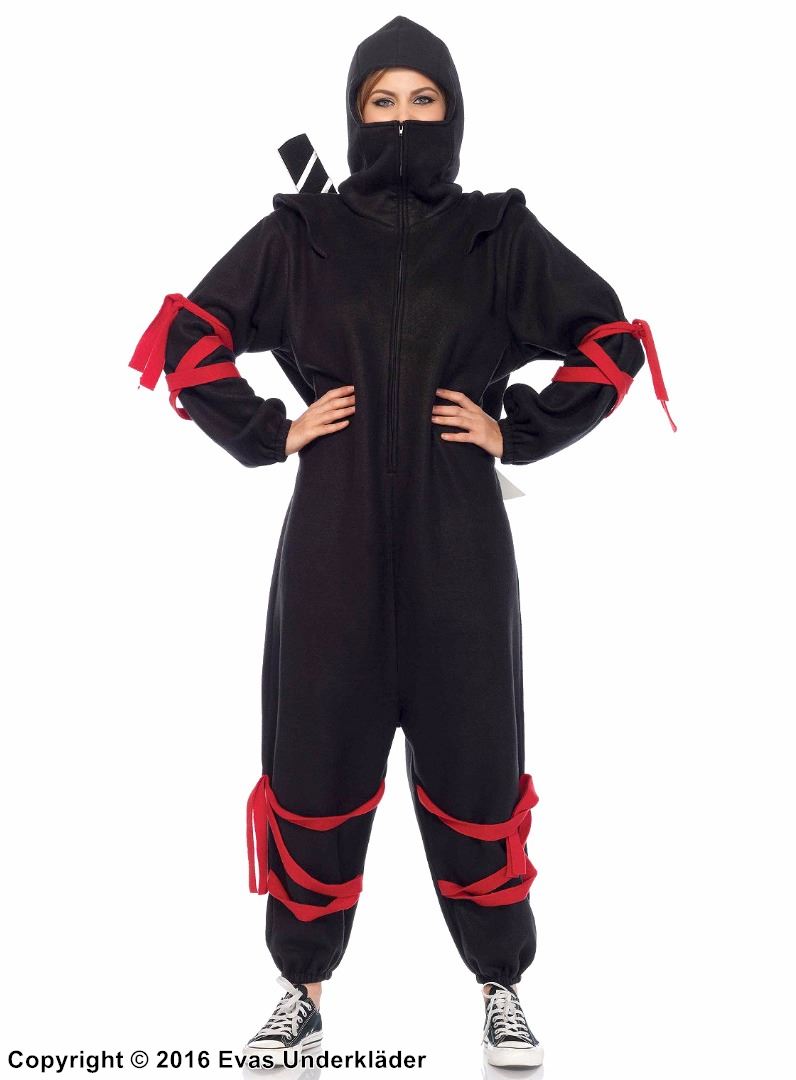 Kvinnelig ninja (også kjent som kunoichi), kostyme kigurumi-jumpsuit, hette, stropper, glidelås på forsiden